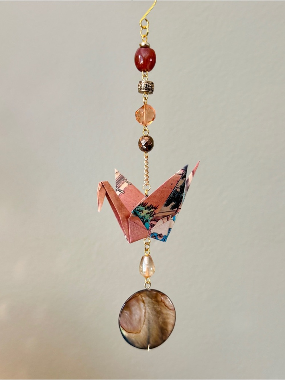 Origami Ornament #2455 - Medium Crane with Repurposed Beads